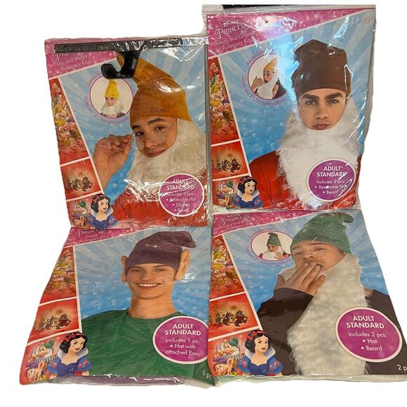 Disney Princess Sleepy Bashful Dwarf Costume Reversible Hat Beard Dopey Doc Lot - Picture 1 of 16